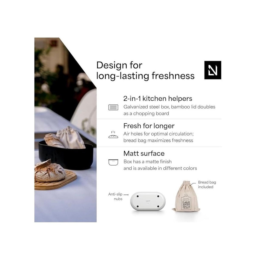 Lars Nysom Bread Bin Box Bamboo Cutting Board Lid White With Bread Bag Modern - Picture 2 of 10